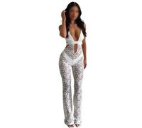 EWYRJYH Mono Sexy Ajustado para Mujer con Aberturas, Encaje Transparente y Malla Transparente para Fiesta(Weiß,XS)