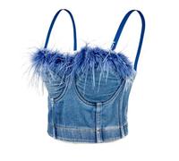EWYRJYH Mujeres Denim Corsé de Plumas Lencería Sexy Vintage Bustier Going Out Party Crop Top(34B/75)