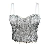 EWYRJYH Mujeres Lentejuelas Brillante Borla Corsé Top Sparkly Busiter Going Out Rave Party Clubwear(Weiß,38C/85)