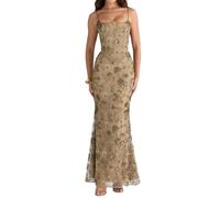 EWYRJYH Vestido Bordado con Cordones En La Cintura, Malla Floral Top con Cintura Entallada Cordones En La Espalda Tirantes Finos, Ocasiones Formales y Fiestas(Olive Bronze,M)