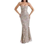 EWYRJYH Vestido Bordado con Cordones En La Cintura, Malla Floral Top con Cintura Entallada Cordones En La Espalda Tirantes Finos, Ocasiones Formales y Fiestas(Grau,M)