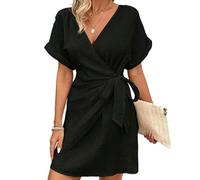EWYRJYH Vestido Cruzado con Fruncidos, Cuello En V, Cintura Atada, Puños Enrollados, Corte Corto, Corte Holgado, Conjunto Informal para Las Vacaciones(Schwarz,X-Large)