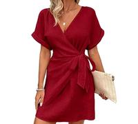 EWYRJYH Vestido Cruzado con Fruncidos, Cuello En V, Cintura Atada, Puños Enrollados, Corte Corto, Corte Holgado, Conjunto Informal para Las Vacaciones(Red,M)
