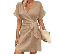 EWYRJYH Vestido Cruzado con Fruncidos, Cuello En V, Cintura Atada, Puños Enrollados, Corte Corto, Corte Holgado, Conjunto Informal para Las Vacaciones(Khaki,S)