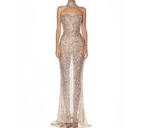 EWYRJYH Vestido de Noche Color Champán con Lentejuelas, Sin Tirantes, con Adornos de Abalorios Brillantes, con Corte Sirena, Ideal Para El Baile de Fin Curso y Para Salir Fiesta(M)