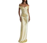 EWYRJYH Vestido de Noche de Satén Con Hombros Al Descubierto, Diseño con Espalda Descubierta, Frente Fruncido, Vestido Largo de Corte Sirena, Para Invitadas A Bodas(Light yellow,X-Large)