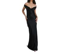EWYRJYH Vestido de Noche de Satén Con Hombros Al Descubierto, Diseño con Espalda Descubierta, Frente Fruncido, Vestido Largo de Corte Sirena, Para Invitadas A Bodas(Schwarz,S)