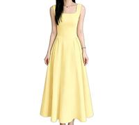 EWYRJYH Vestido de Noche Plisado con Cuello Cuadrado, Cintura Drapeada, Falda Fluida En Línea A, Tirantes con Lazo, Ideal Para Bailes de Graduación y Cenas de Gala(Yellow,M)