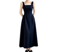 EWYRJYH Vestido de Noche Plisado con Cuello Cuadrado, Cintura Drapeada, Falda Fluida En Línea A, Tirantes con Lazo, Ideal Para Bailes de Graduación y Cenas de Gala(Dark blue,M)