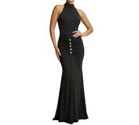 EWYRJYH Vestido Largo Ajustado de Corte Sirena, con Cuello Halter, Pliegues En La Parte Delantera, Detalles Dorados, Espalda Descubierta, Ideal para Fiestas Nocturnas(X-Large)