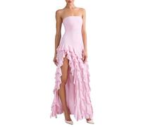 EWYRJYH Vestido Largo Ajustado Sin Tirantes, Borde Asimétrico En Capas, Gran Abertura Lateral, Diseño Largo Hasta El Suelo, Para Bailes de Graduación y Eventos de Gala(Rosa,M)