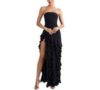 EWYRJYH Vestido Largo Ajustado Sin Tirantes, Borde Asimétrico En Capas, Gran Abertura Lateral, Diseño Largo Hasta El Suelo, Para Bailes de Graduación y Eventos de Gala(Schwarz,S)