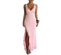 EWYRJYH Vestido Largo Ceñido, Volantes Asimétricos Escote En V Pronunciado Abertura Alta Ceñido, Ideal Para Fiestas y Cenas(S)