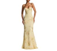 EWYRJYH Vestido Largo con Bordado Floral, Cintura Marcada Lazo En La Espalda Tirantes Finos Estilo Largo hasta El Suelo Vestido de Noche De Gala y Banquete(Yellow,S)