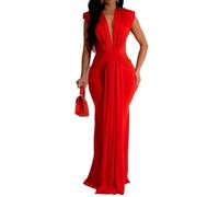 EWYRJYH Vestido Largo con Escote En V Profundo, Cintura Fruncida, Corte Entallado y Bajo De Sirena, Ideal para Fiestas Nocturnas y Diversos Eventos(Red,XX-Large)