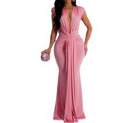 EWYRJYH Vestido Largo con Escote En V Profundo, Cintura Fruncida, Corte Entallado y Bajo De Sirena, Ideal para Fiestas Nocturnas y Diversos Eventos(Rosa,M)