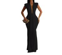 EWYRJYH Vestido Largo con Escote En V Profundo, Cintura Fruncida, Corte Entallado y Bajo De Sirena, Ideal para Fiestas Nocturnas y Diversos Eventos(Schwarz,M)