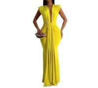 EWYRJYH Vestido Largo con Escote En V Profundo, Cintura Fruncida, Corte Entallado y Bajo De Sirena, Ideal para Fiestas Nocturnas y Diversos Eventos(Yellow,S)