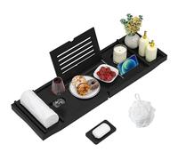 EXABANG Bandeja de Baño, Tabla Bañera de Bambú Ajustable, 75-109 * 23 * 4,5cm, se Adapta a la Mayoría de Bañeras, Accesorios baño Madera para iPad, Libros, Teléfono, Vidrio (Negro)