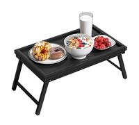 EXABANG Bandeja de desayuno de bambú, mesa de cama, plegable, bandeja de cama, bandeja de comida con pie, mesa plegable, mesa de cama, bandeja de mesa, bandeja (50 x 30 x 23 cm, negro)