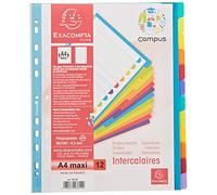 Exacompta - 3812E - Separadores Semiopacos de Polipropileno Rígido con 12 Lengüetas Campus Neutral - Página de Indización Imprimible - Formato de Archivo A4 Maxi - Colores Translúcidos