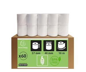 Exacompta 40753E - Lote de 60 rollos de papel térmico (1 capa, ancho: 57 mm, longitud: 18 m, diámetro del núcleo: 12 mm, 55 g/m², parte trasera impresa, para dispositivos de pago con tarjeta (EC Cash)