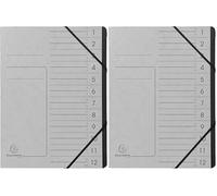 Exacompta 541211E - Clasificador grapado con gomas (12 compartimentos, interior en cartulina reciclada, tamaño A4, color gris (Paquete de 2)
