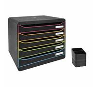 Exacompta - Ref. 308914D - Pack de módulo de clasificación Big Box Plus Horizonte 5 cajones brillante negro/arlequín - Dimensiones exteriores 27 x 35,5 x 27,1 cm + 1 bote para lápices PEN CUBE Eco