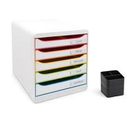 Exacompta - Ref. 309913D - Pack de módulo de clasificación Big Box Plus 5 cajones Black Office blanco/arlequín - Dimensiones exteriores 34,7 x 27,8 x 27,1 cm + 1 bote para lápices PEN CUBE Eco negro