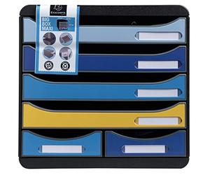 Exacompta - Ref. 3124202D - BIG-BOX MAXI - 1 caja con 4 cajones para documentos A4+ y 2 cajones pequeños para guardar utensilios - Dimensiones exteriores: 34,7 x 27,8 x 27,1 cm - Azul Abeja