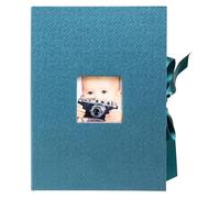Exacompta - Ref. 77603E OfficeByMe - Caja de fotos de papel con textura azul pato - Ventana de personalización - Cierre de cinta - para fotos o tarjetas de hasta 13 x 18 cm