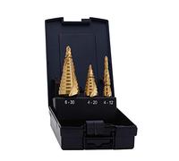 EXACT 7014 - Juego de brocas escalonadas con ranura en espiral, 4-12/4-20/6-30 mm, HSS, revestimiento TiN, vástago Rotastop