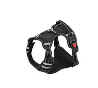 EXAOMBLE Arnés de Chaleco para Perros Medianos y Grandes de Nylon Negro Malla Transpirable, Control Elástico y Doble Punto de Sujeción para Viajes y Paseos