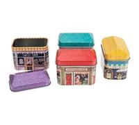 EXAOMBLE Caja de Hojalata Pequeña para Cocina y Hogar, 4 Piezas Patrones de Casas Surtidas, Contenedores Metálicos para Almacenar Dulces, Frutos Secos y Té, Diseño Estilo Estilo