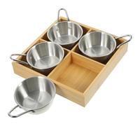 EXAOMBLE Juego de Platos Divididos de Acero Inoxidable con Base de Madera, Diseño de 4 Compartimentos, Bandeja Multifuncional para Barbacoa y Hot Pot