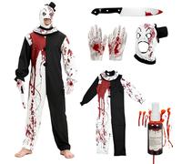 exatta 5 Piezas Disfraz de Payaso de Terrifier, Terrifier Art The Clown Mask, Guantes Sangrientos, Traje Payaso Blanco y Negro Mono, para Halloween Carnaval terrifier Fiestas Cosplay