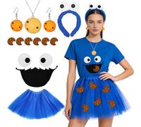 exatta Disfraz de Monstruo de las Galletas para mujer,Diadema,Pendientes y Collar de Galletas,Jupe en Tulle Bleu,Parches Bordados y Pegatinas para la Boca,para Halloween,Carnaval,Cosplay
