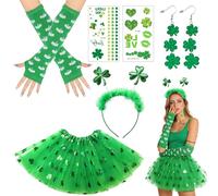 exatta Juego de 6 Accesorios para Disfraz del díA de San Patricio,Disfraz Mujer Carnaval,Tutú Verde de TréBol,Diadema de TréBol,Guantes,Aretes de TréBol,Pegatinas,San Patricio Disfraz Mujer