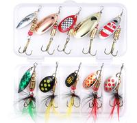 EXAURAFELIS Juego de 10 señuelos de pesca de trucha, señuelos de cola de gallo para róbalo, salmón, cebos giratorios con caja de aparejos