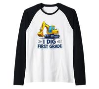 Excavo Primer Grado Excavadora Equipo de Construcción Niños Camiseta Manga Raglan