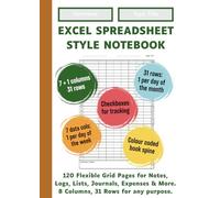 Excel Spreadsheet Style Notebook - Medium Orange Spine | 120 flexible grid pages with 8 columns and 31 rows | For Notes, Logs, Lists, Journals, ... Grids | Checkboxes | Colour-Coded Spine