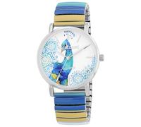 Excellanc Reloj de cuarzo para mujer, correa de acero inoxidable, 36 mm, diseño de pavo real azul y amarillo, esfera blanca
