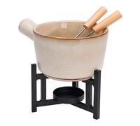 Excellent Houseware Fondue de Porcelana con Soporte Metálico y 2 Tenedores de Acero Inoxidable, Capacidad 450 ml, Ø12x7.5 cm