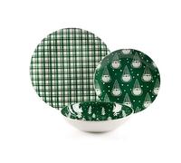 Excelsa Green Winter - Juego de platos de porcelana (18 piezas, verde con motivos navideños, platos llanos de 27 cm, hondos de 20,5 cm, fruta de 20,5 cm)