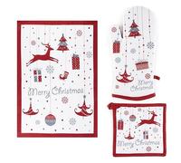 Excelsa Merry Christmas - Juego textil de cocina, guante de horno, manopla y paño de cocina, algodón, relleno de poliéster