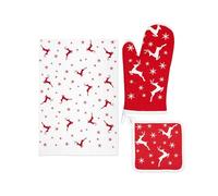 Excelsa Nordic Christmas - Juego de Cocina navideña, Guante de Horno, manopla y paño de Cocina de algodón, Blanco y Rojo con Renos y Copos de Nieve, 3 Piezas