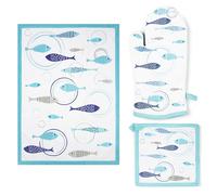 Excelsa North Sea - Juego de toalla de cocina de 50 x 70 cm, manopla de 20 x 20 cm y guante para horno, 100% algodón