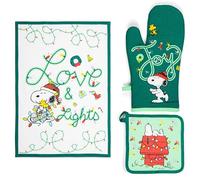 Excelsa Peanuts Shiny and Bright - Juego de Cocina navideño, Mantel de 50 x 70 cm con Guante de Horno y agarrador, Verde, 100% algodón