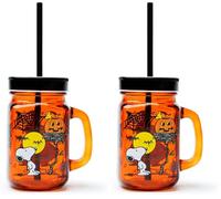 Excelsa Peanuts - Taza de Halloween con pajita, cristal, capacidad de 500 ml. (Paquete de 2)