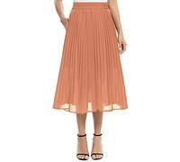 EXCHIC Mujeres Casual Gasa Elástico Cintura Alinear Plisado Midi Falda con Bolsillo (L, Rojo salmón)